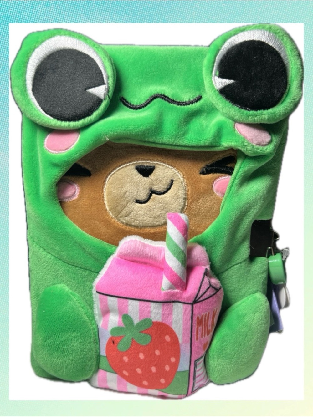 Claire’s Green Frog Plush Toy Journal with Pink Strawberry Milk Carton